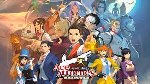promotional image for the Ace Attorny trilogy. The graphic is a composite of many anime-style characters with a range of appearances. Most of the characters are dressed in business attire.